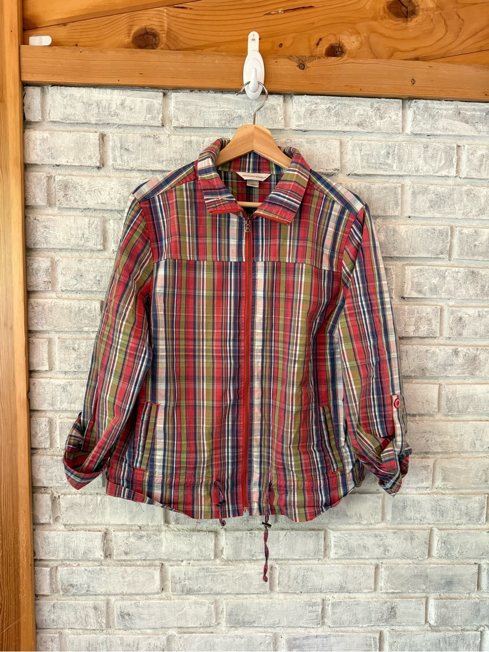 Christopher & Banks Red Multi Plaid Zip-Front Casual light jacket